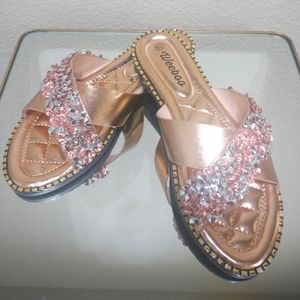Rose Gold Slides w/ Rhinestones, Size 8.5